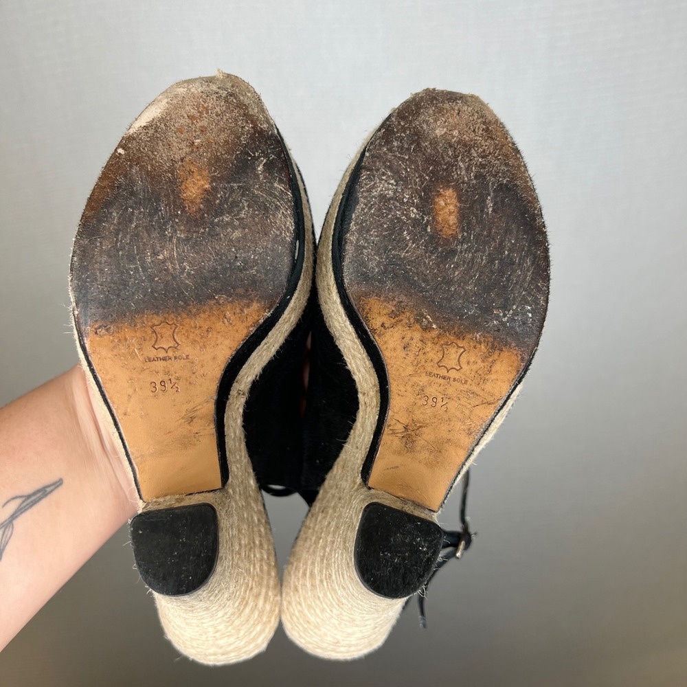 Pura Lopez Black Suede Espadrille Wedge Sandals Peep Toe EU 39.5 Made in Spain - Picture 5 of 8
